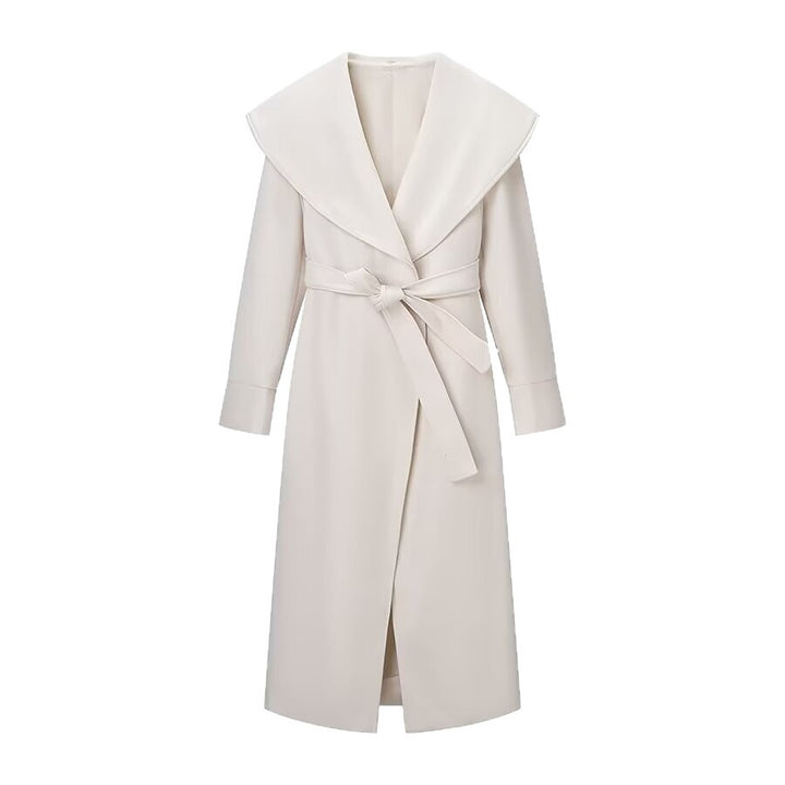 Women Elegant Coat with Oversized Shawl Collar and Tied Belt Mune Fashion