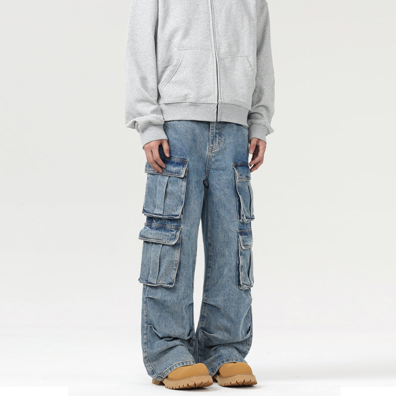 Men's Ultra Wide Denim Cargo Jeans in Baggy Cut with Multiple Flap Pockets Mune Fashion