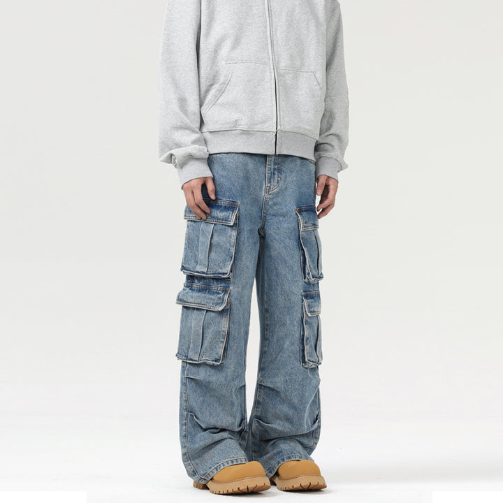Men's Ultra Wide Denim Cargo Jeans in Baggy Cut with Multiple Flap Pockets Mune Fashion