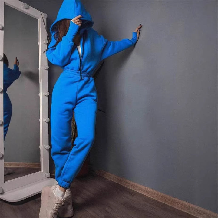 Ladies Tailored Hooded Sweat Jumpsuit with Zipper and Elastic Waistband Mune Fashion