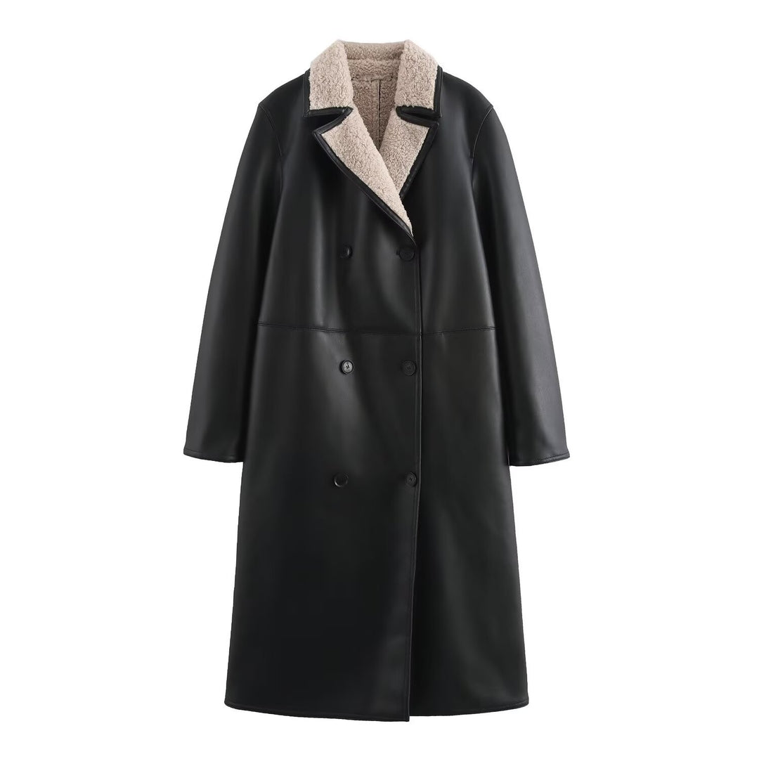 Women Faux Leather Coat with Teddy Lining and Double-Breasted Button Placket Mune Fashion
