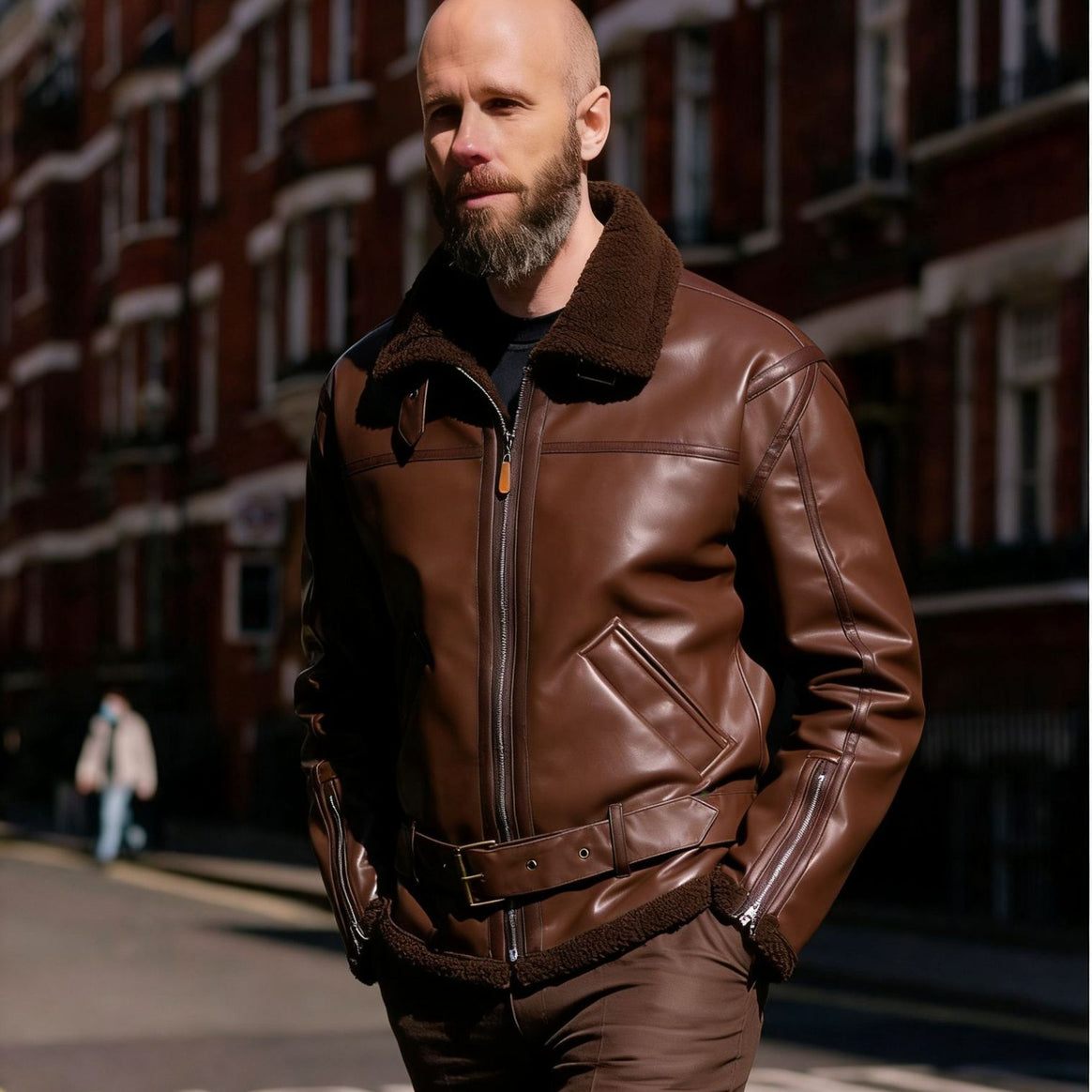 Men's Faux Leather Flight Jacket with Teddy Lining, Zippers and Stand Collar Mune Fashion
