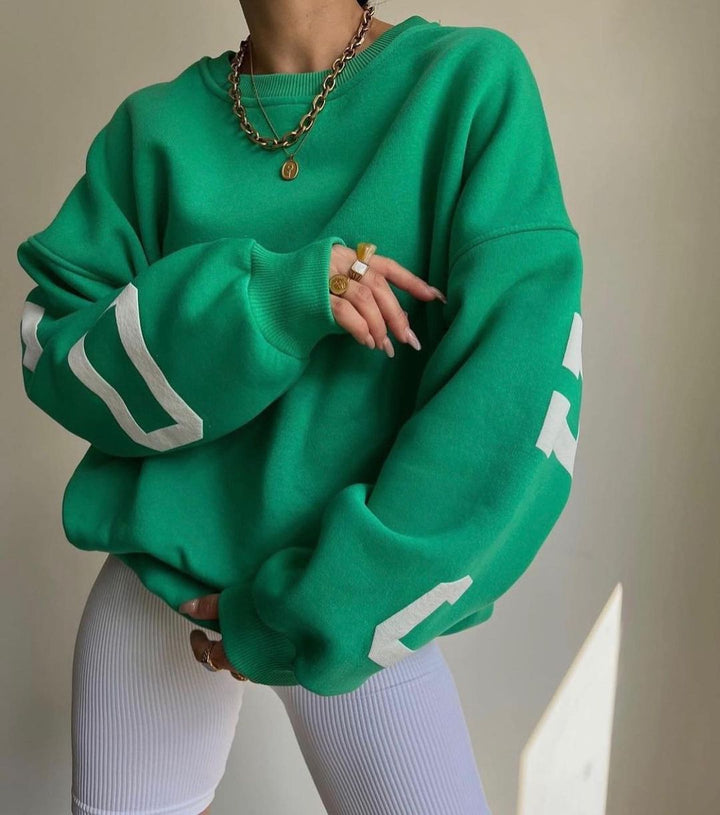 Women's Oversized Sweatshirt with Block Print Sleeves and Wide Drop Shoulder Cut Mune Fashion