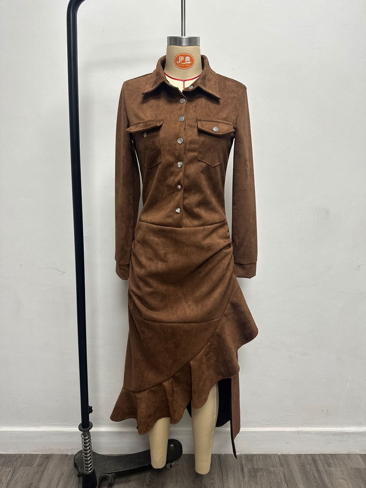 Women's Long Shirt Dress in Suede Look with Ruching, Asymmetrical Ruffle Hem and High Slit Mune Fashion