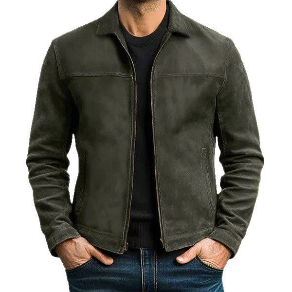 Men's short suede jacket with shirt collar and side insertion pockets Mune Fashion