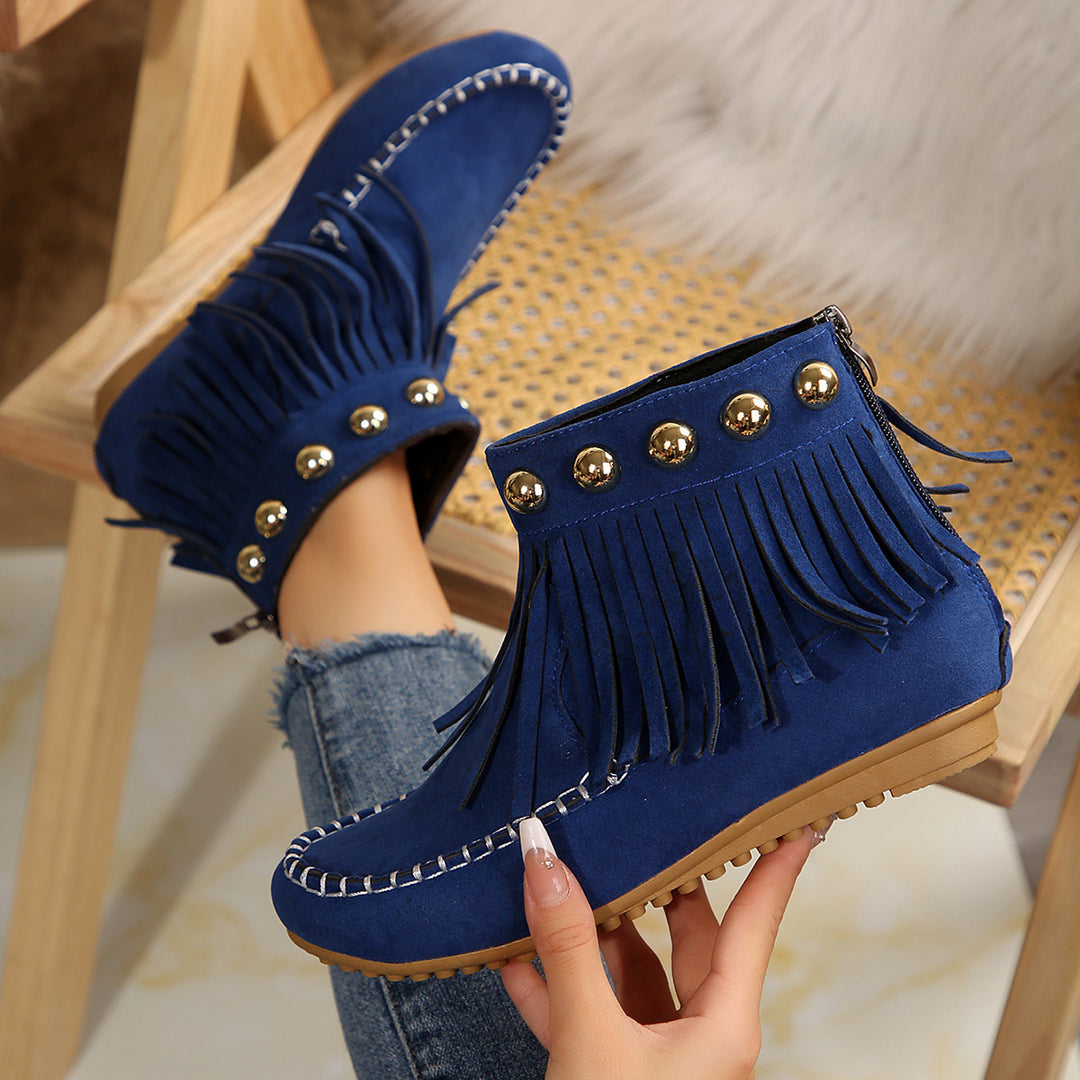 Women's Fringe Moccasin Ankle Boot with Decorative Rivets and Back Zipper Mune Fashion