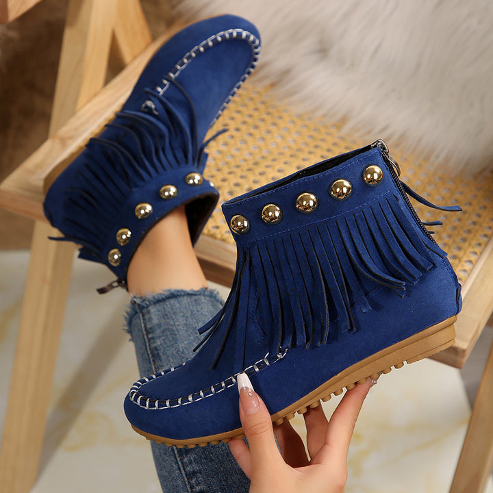 Women's Fringe Moccasin Ankle Boot with Decorative Rivets and Back Zipper Mune Fashion