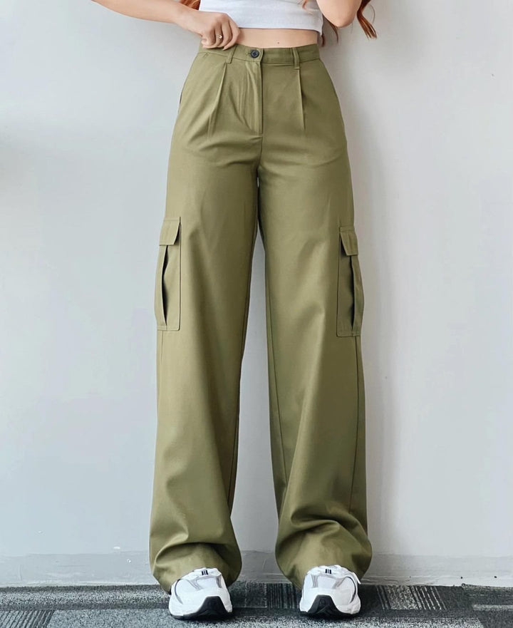 Women's High-Waist Cargo Pants made of Twill with Flap Pockets and Wide Leg Mune Fashion