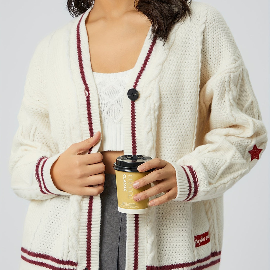 Women's oversized cable-knit cardigan with V-neck and contrasting knit edges Mune Fashion