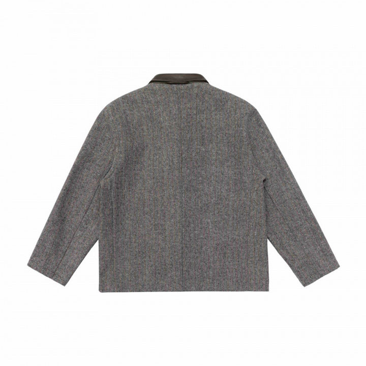 Men's wool blend worker blazer with contrasting leather collar and patch pockets Mune Fashion