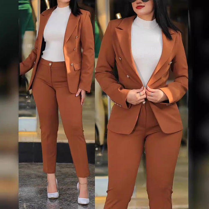 Women's tailored business pantsuit set with double-breasted blazer and tapered waistband pants Mune Fashion