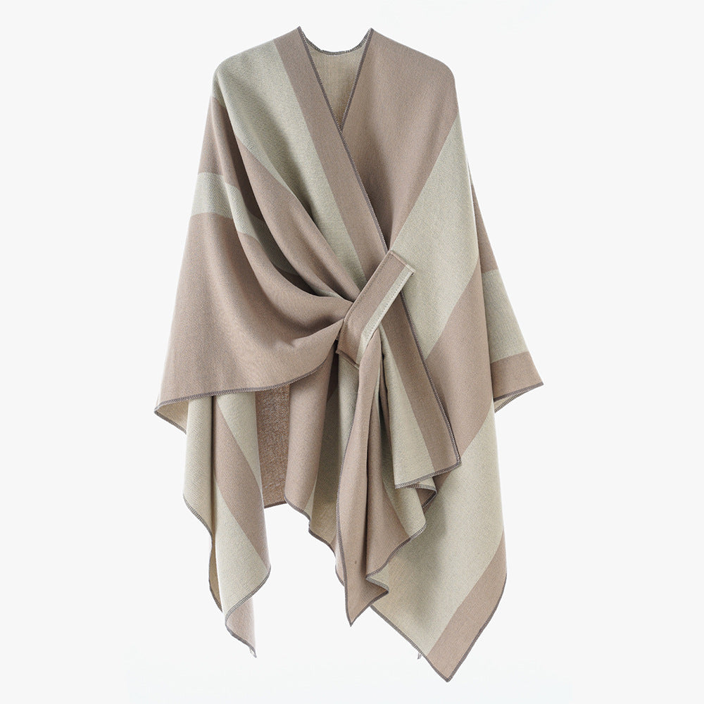 Women’s Wrap Cape with Wide Stripe Pattern and Ties Mune Fashion