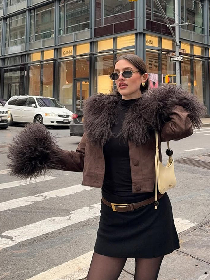 Women's Short Suede Jacket with Voluminous Tibetan Shearling Collar and Fur Cuffs Mune Fashion