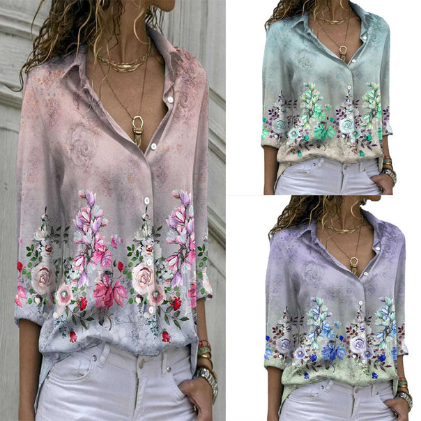 Women’s floral V-neck button blouse with loose fit and rolled sleeves Mune Fashion