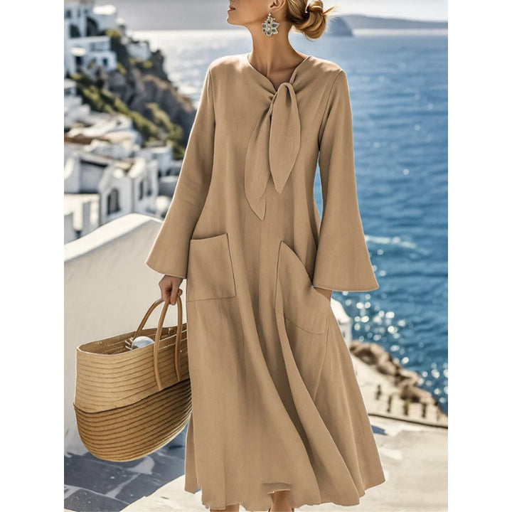 Women's Lightweight Maxi Dress with Bind Bow, Bell Sleeves and Patch Pockets Mune Fashion