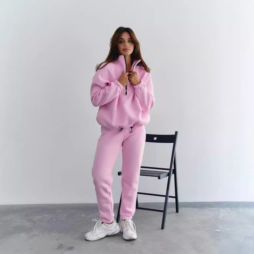 Women's athleisure two-piece set made of thick French terry with a high collar, half zipper, and drawstring pants Mune Fashion