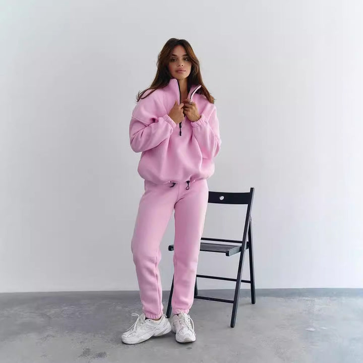 Women's athleisure two-piece set made of thick French terry with a high collar, half zipper, and drawstring pants Mune Fashion