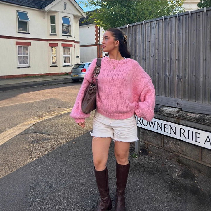 Women Oversize Chunky Knit Sweater with Balloon Sleeves and Wide Ribbed Collar Mune Fashion