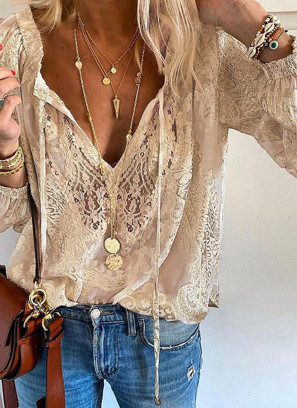 Ladies Elegant and Feminine Blouse with V-Neck and Lace Accents Mune