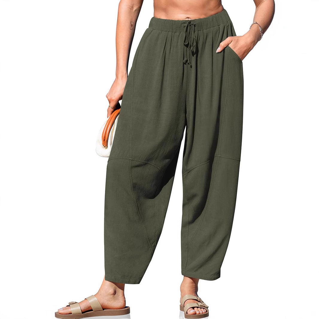 Women's Loose Fit Linen Trousers with Wide Leg and Drawstring Waist Mune Fashion
