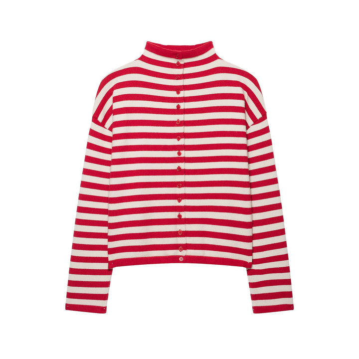 Women's Striped Cropped Cardigan with Stand-Up Collar and Continuous Button Placket Mune Fashion