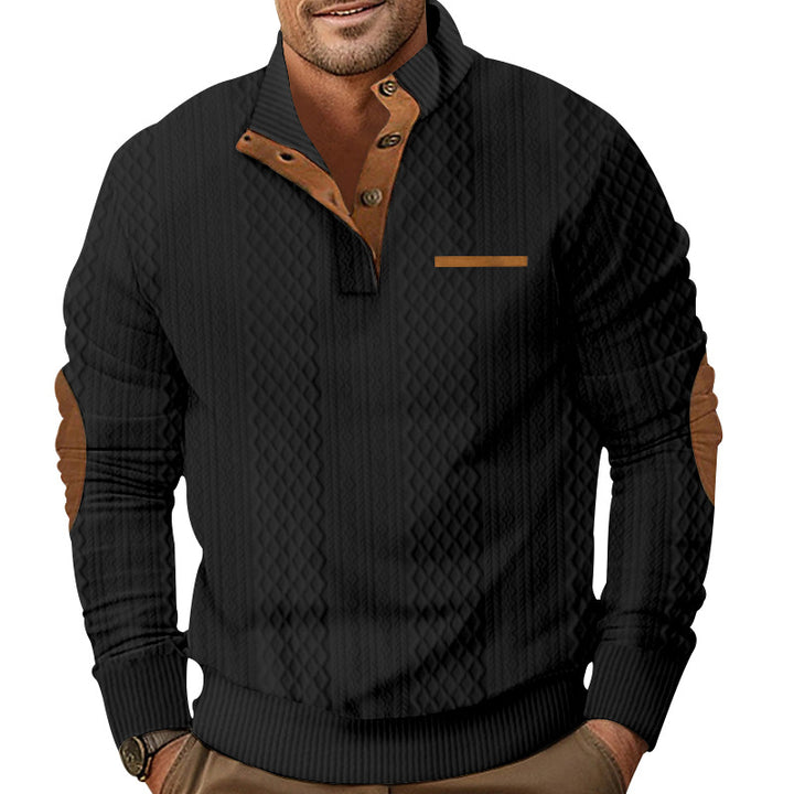 Men's Structured Cable Knit Sweatshirt with Half Button Placket, Faux Leather Patch Pocket & Elbow Patches Mune Fashion