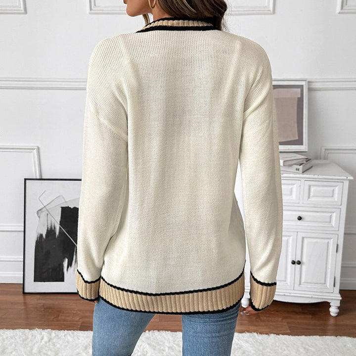 Women's Long Fine Knit Cardigan with V-Neck, Contrast Piping and Patch Pockets Mune Fashion