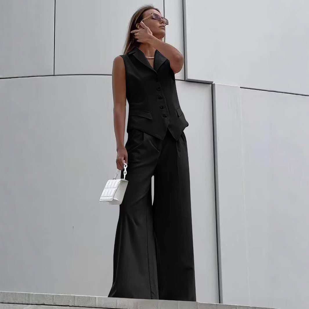 Women Sleeveless Tailoring Two-Piece with Fitted Vest and Wide Marlene Pants Mune Fashion