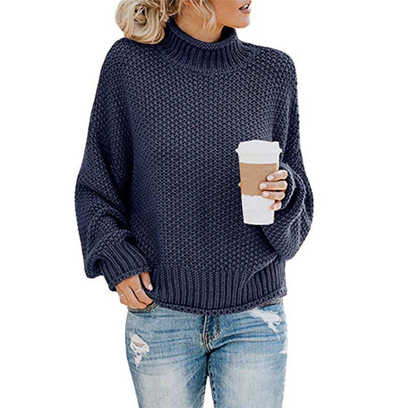Women's chunky knit turtleneck sweater with oversized cut and block stripe design Mune Fashion