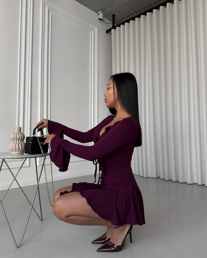 Women's Figure-Hugging Ruffled Mini Dress with V-Neck, Tie Band and Bell Sleeves Mune Fashion