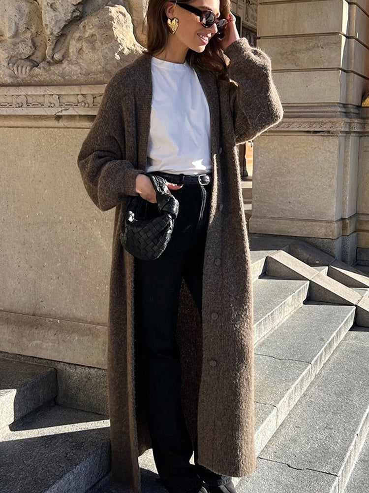 Women Maxi Long Knit Coat in Mohair Look with Concealed Button Placket and Loose Silhouette Mune Fashion
