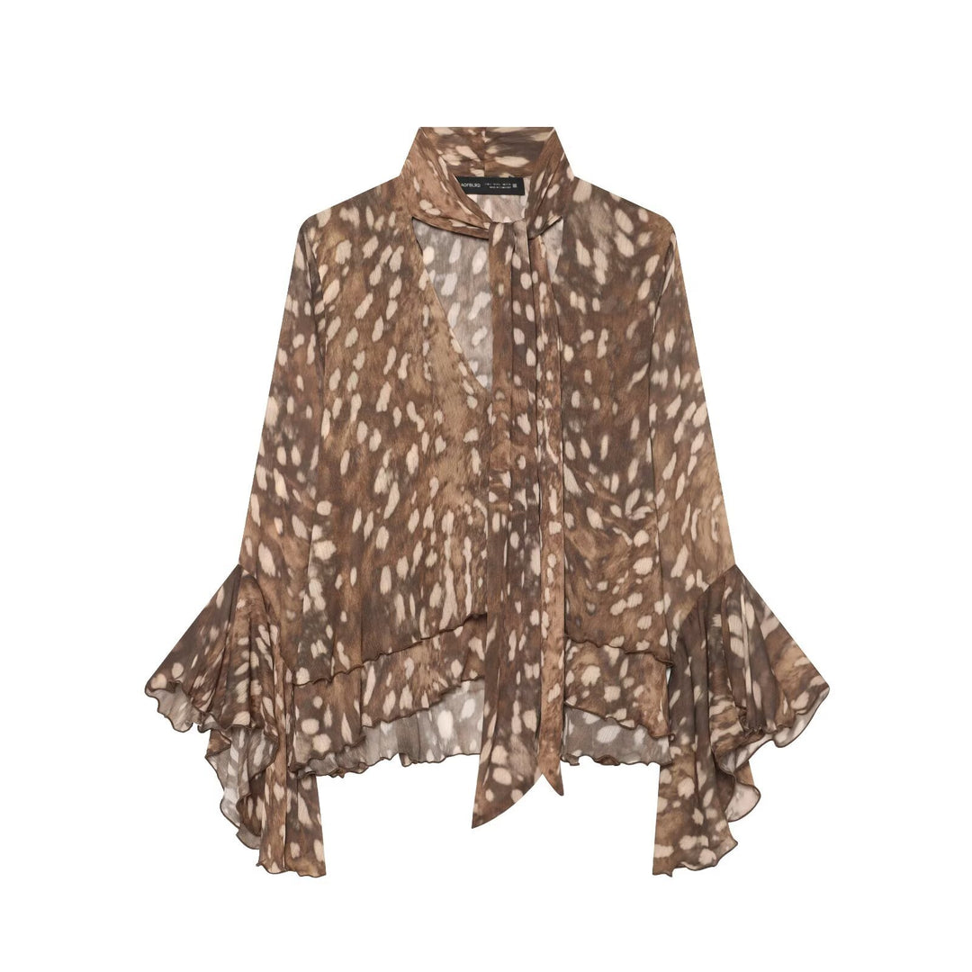 Ladies chiffon blouse with tie, V-neck and multilayer ruffle hem Mune Fashion