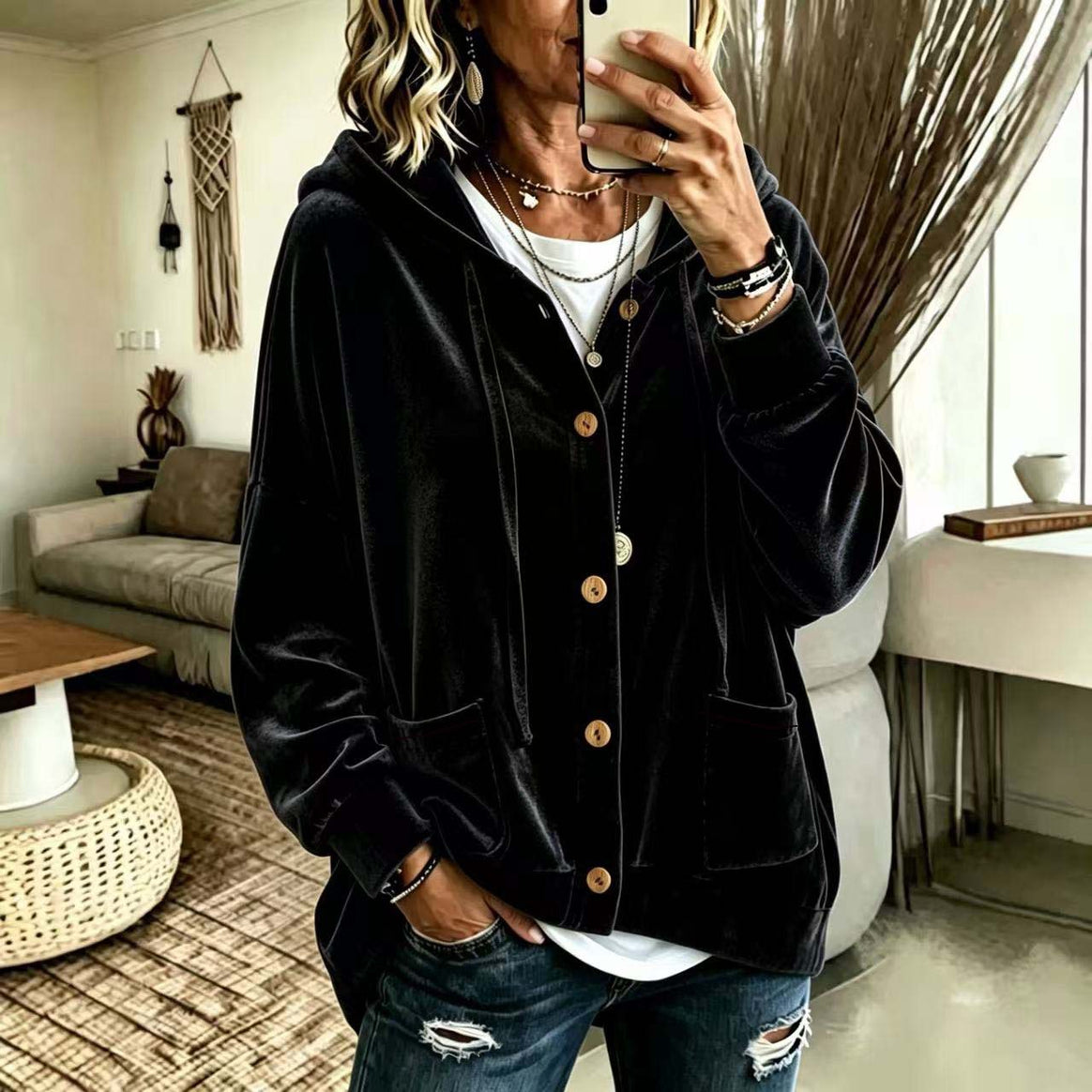 Women's Oversized Hooded Velvet Jacket with Button Placket and Patch Pockets Mune Fashion