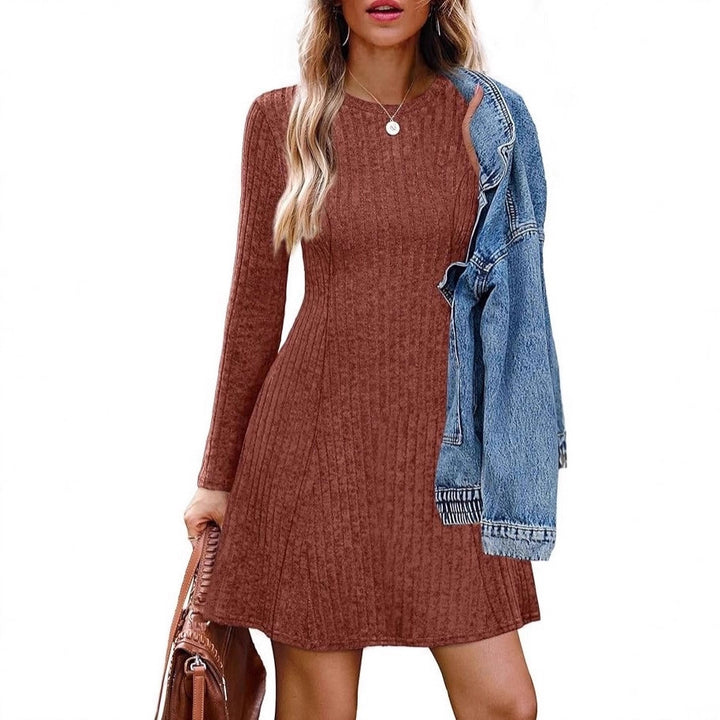 Women's Ribbed Knit Mini Dress with Round Neckline and Slim Silhouette Mune Fashion