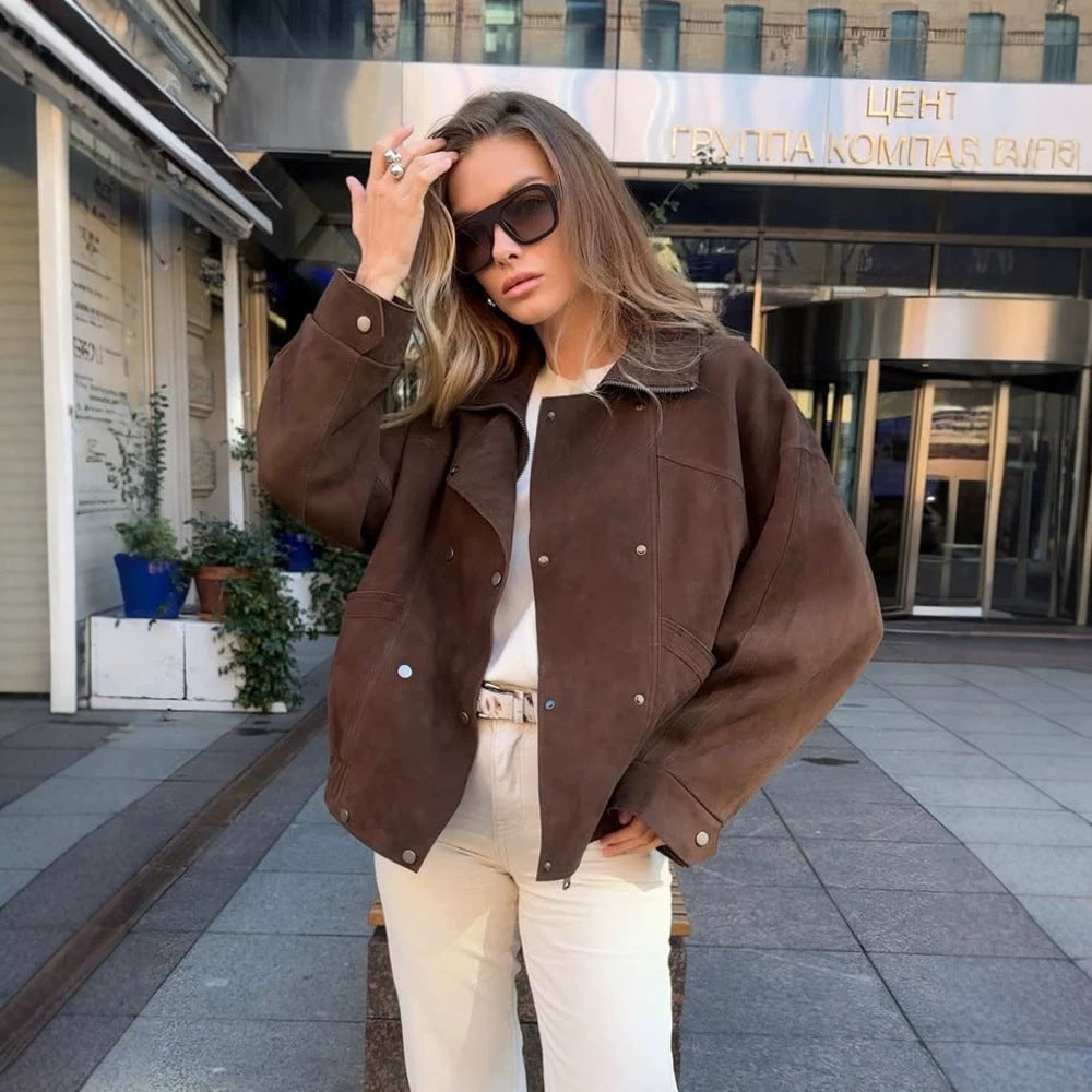 Women's Short Bomber Jacket made of Suede Leather with High Stand-up Collar and Boxy Silhouette Mune Fashion