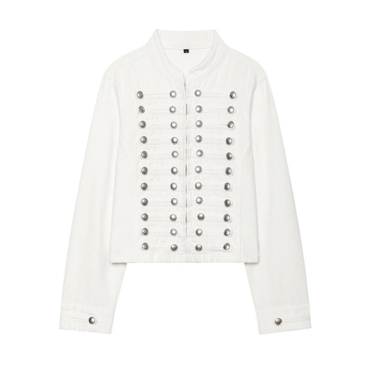 Women's Cropped Denim Blouson in Tailcoat Style with Decorative Row Buttons Mune Fashion