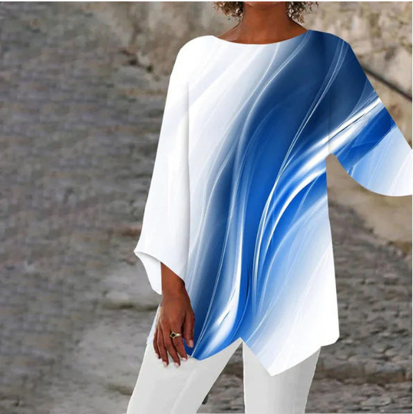Women Asymmetrical Long Shirt with Graphic Print and Bat Sleeves Mune Fashion