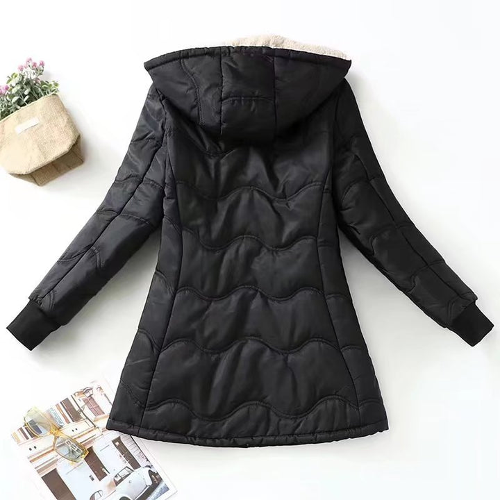 Women's A-line quilted coat with hood, teddy lining, and two-way zipper Mune Fashion