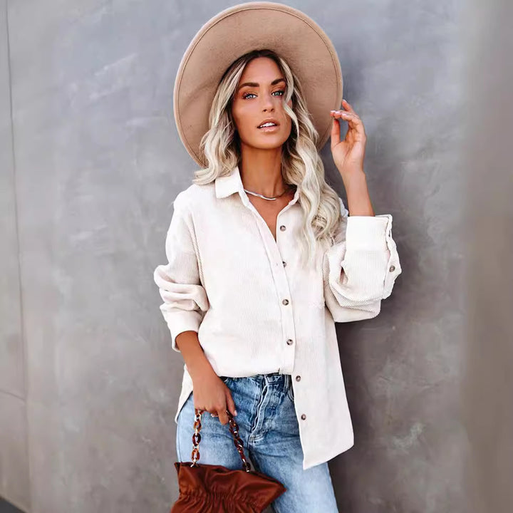 Women's Oversized Cord Shirt Jacket with Breast Pocket and Continuous Button Placket Mune Fashion