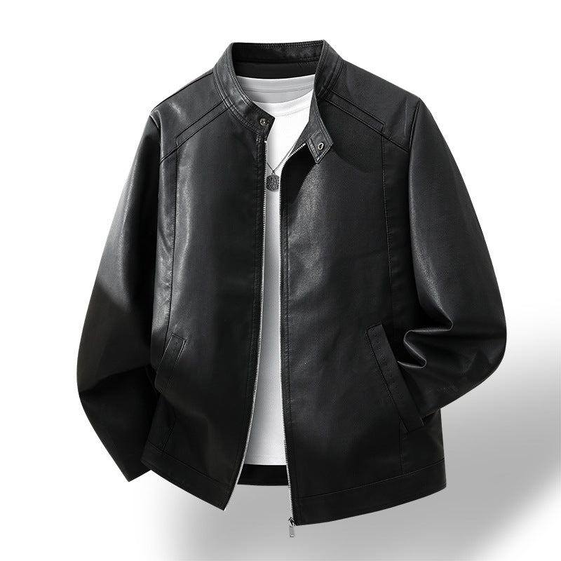 Men's Simple Faux Leather City Jacket with Stand Collar, Two-Way Zipper & Side Pockets Mune Fashion