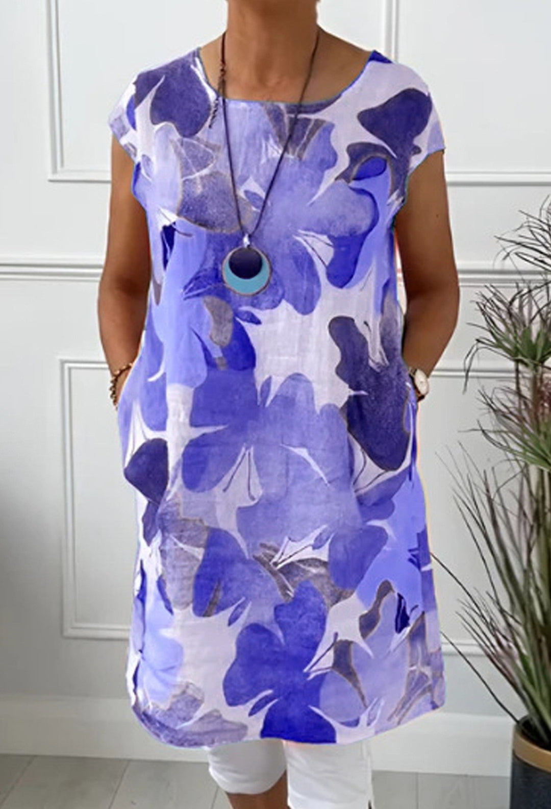 Ladies' airy tunic midi dress made of linen blend with watercolor flower print and side pockets Mune Fashion