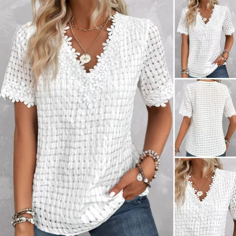 Women's lightweight structured shirt with check mesh, decorative lace trim at the V-neck and short sleeve hems Mune Fashion