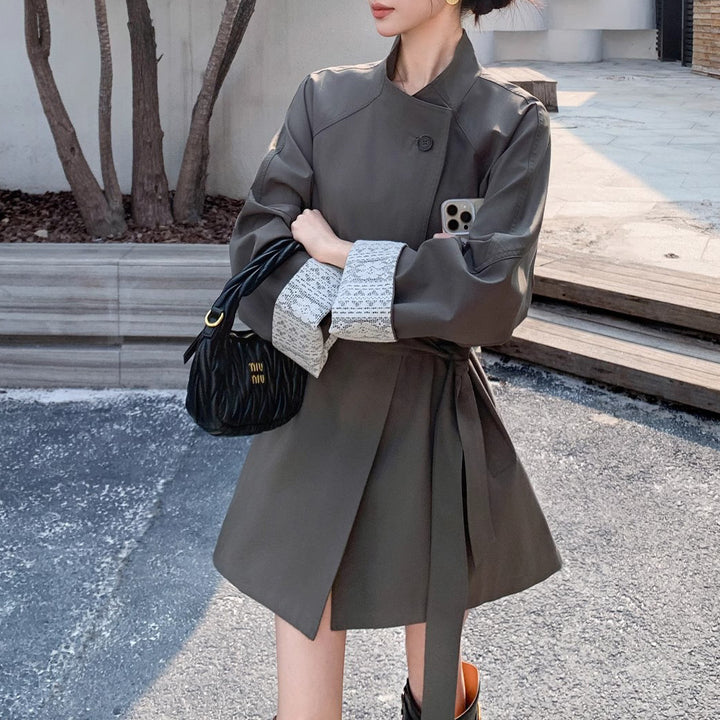 Women Elegant Trench Coat with Waist Belt and Contrast Sleeves Mune Fashion