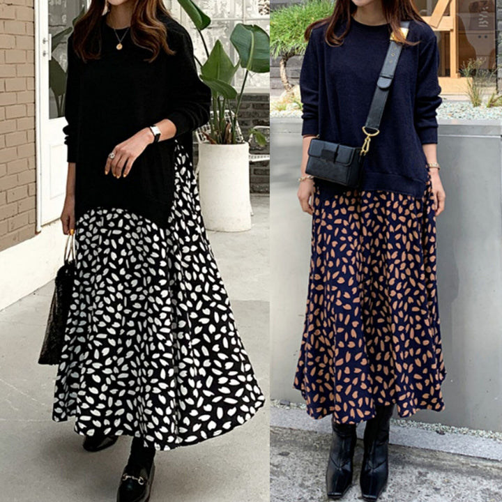 Women's casual layered dress with sweatshirt top and printed midi skirt Mune Fashion