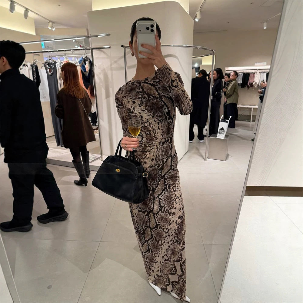 Women's Figure-Hugging Midi Dress with Snake Print, Tailored Draping and Long Sleeve Cut Mune Fashion