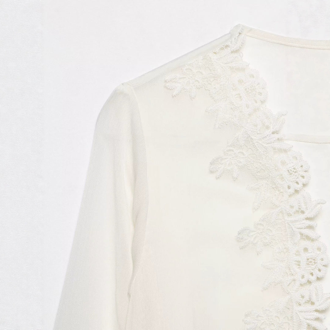 Women Romantic Chiffon Blouse with Lace Trim, V-Neck and Ruffle Layers Mune Fashion