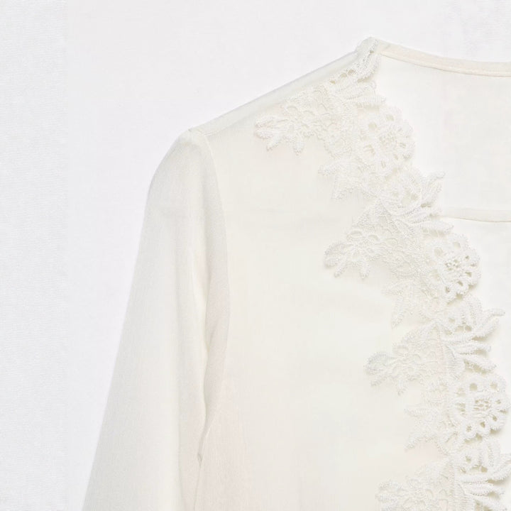 Women Romantic Chiffon Blouse with Lace Trim, V-Neck and Ruffle Layers Mune Fashion