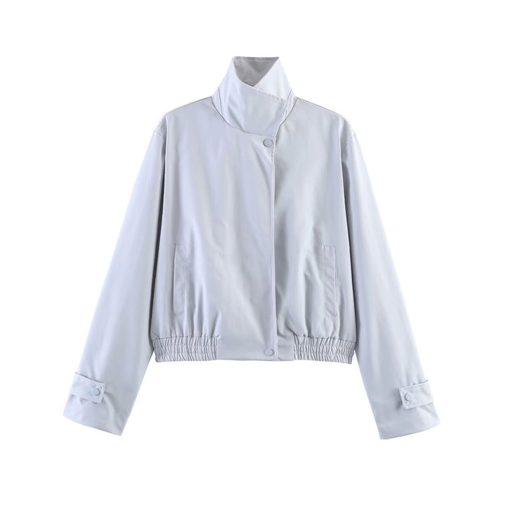 Women's Cropped Boxy Transitional Jacket with Stand Collar, Snap Button Closure and Elastic Waist Mune Fashion