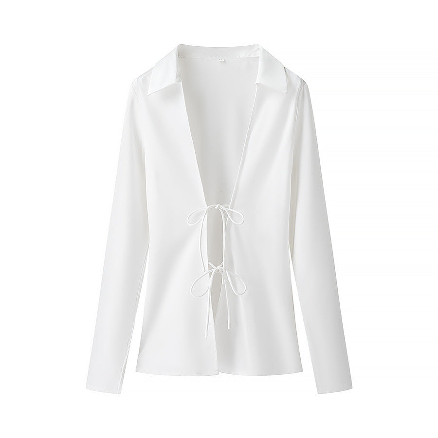 Women's Lightweight Shirt Blouse with Deep V-Neck and Double Ties Mune Fashion