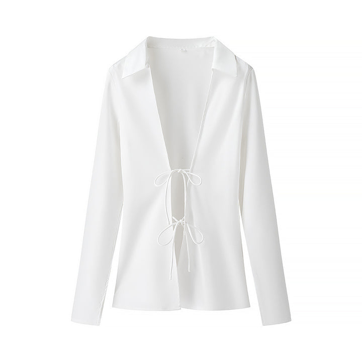 Women's Lightweight Shirt Blouse with Deep V-Neck and Double Ties Mune Fashion